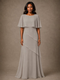 Taupe Chiffon A-Line Mother of the Bride Dress with Cape Sleeves