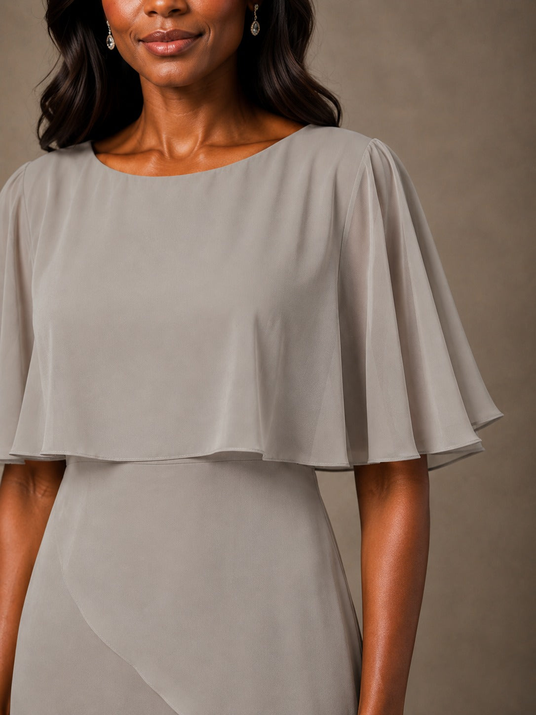 Taupe Chiffon A-Line Mother of the Bride Dress with Cape Sleeves