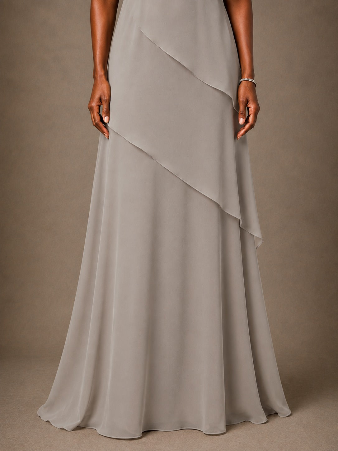 Taupe Chiffon A-Line Mother of the Bride Dress with Cape Sleeves