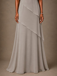 Taupe Chiffon A-Line Mother of the Bride Dress with Cape Sleeves