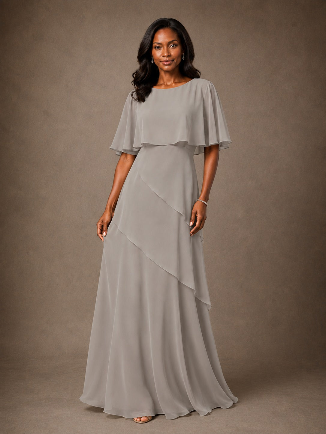 Taupe Chiffon A-Line Mother of the Bride Dress with Cape Sleeves