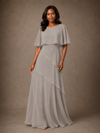 Taupe Chiffon A-Line Mother of the Bride Dress with Cape Sleeves