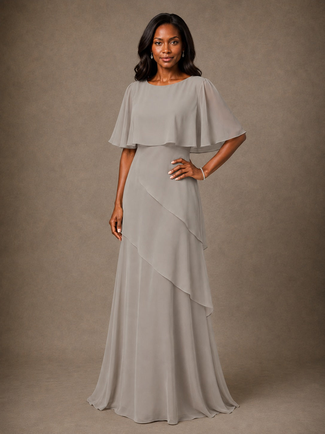Taupe Chiffon A-Line Mother of the Bride Dress with Cape Sleeves