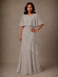 Taupe Chiffon A-Line Mother of the Bride Dress with Cape Sleeves