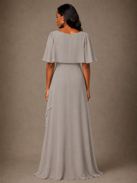 Taupe Chiffon A-Line Mother of the Bride Dress with Cape Sleeves
