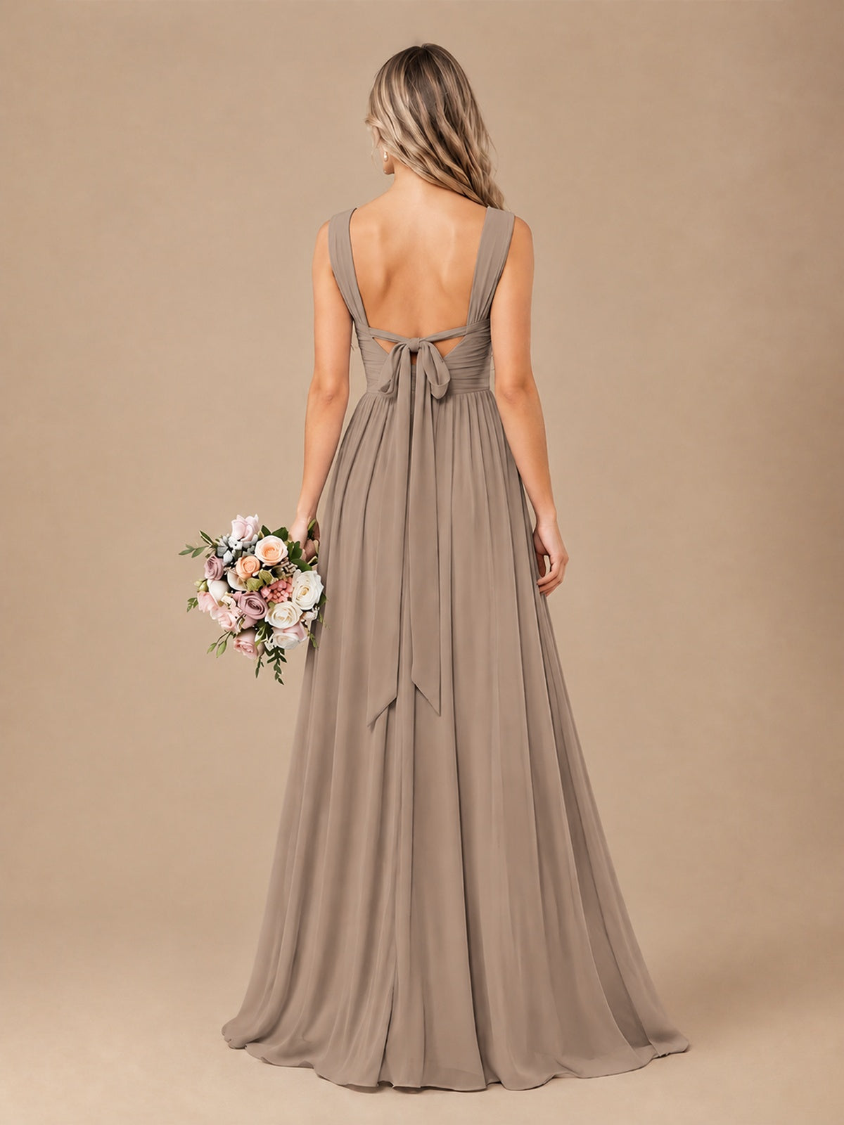 Pleated Chiffon V Neck Wedding Bridesmaid Dresses Floor Length with Slit