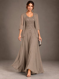 A-line 2 Pieces Chiffon Appliques Mother of The Bride Dresses with Jackets