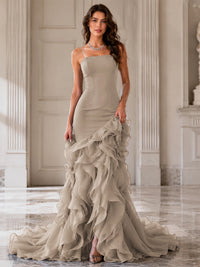 Mermaid Formal Evening Dress with Layered Ruffle Train