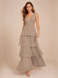 Elegant Deep V Neck Chiffon Bridesmaid Dress with Tiered Ruffles