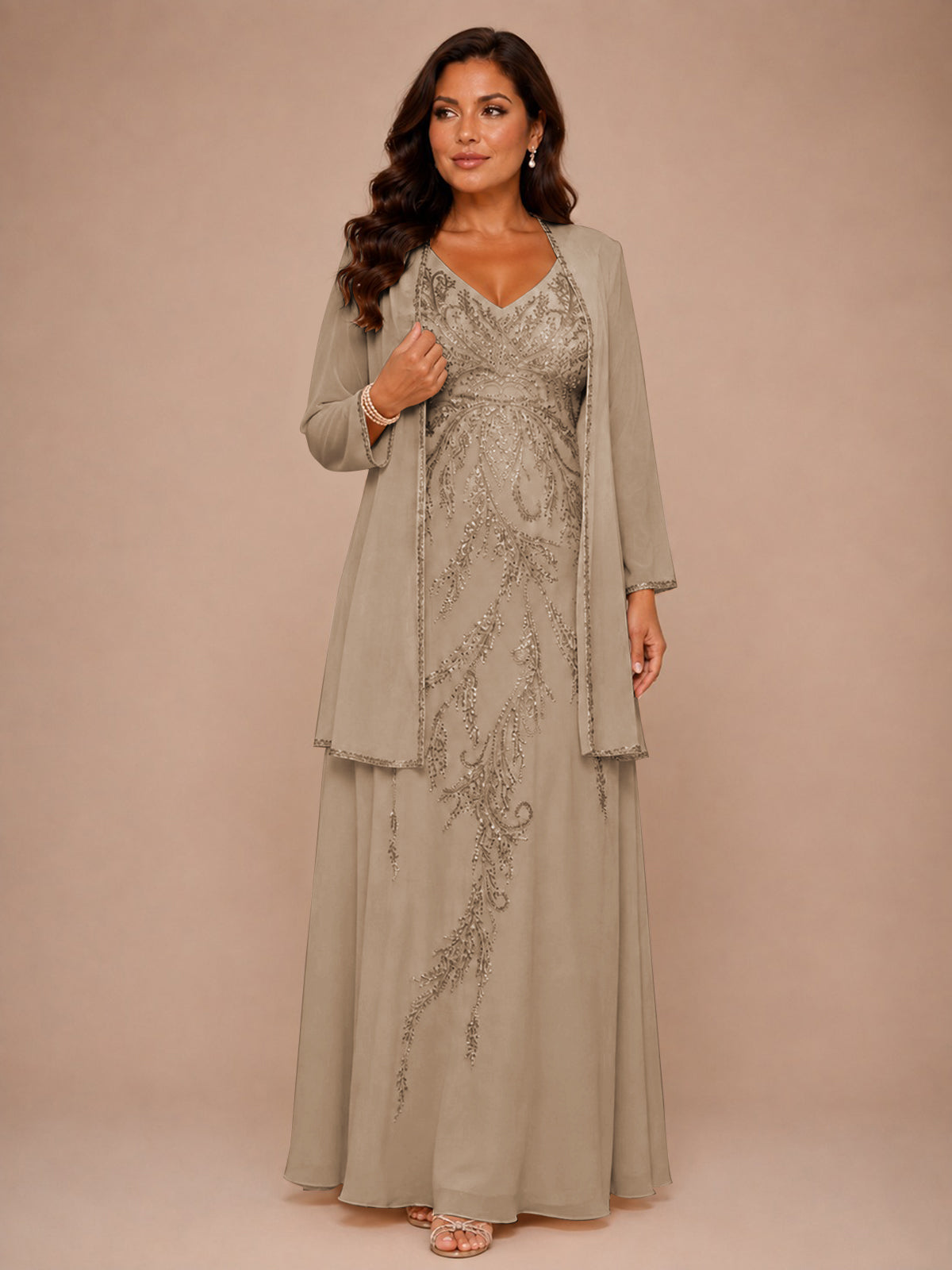 Champagne Beaded Chiffon Mother of the Bride Dress with Jacket V-Neck Gown