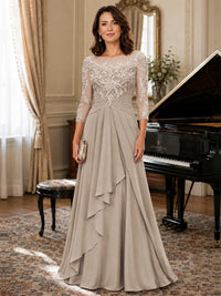A-Line Chiffon Mother of the Bride Dress with Floral Applique 3/4 Sleeves