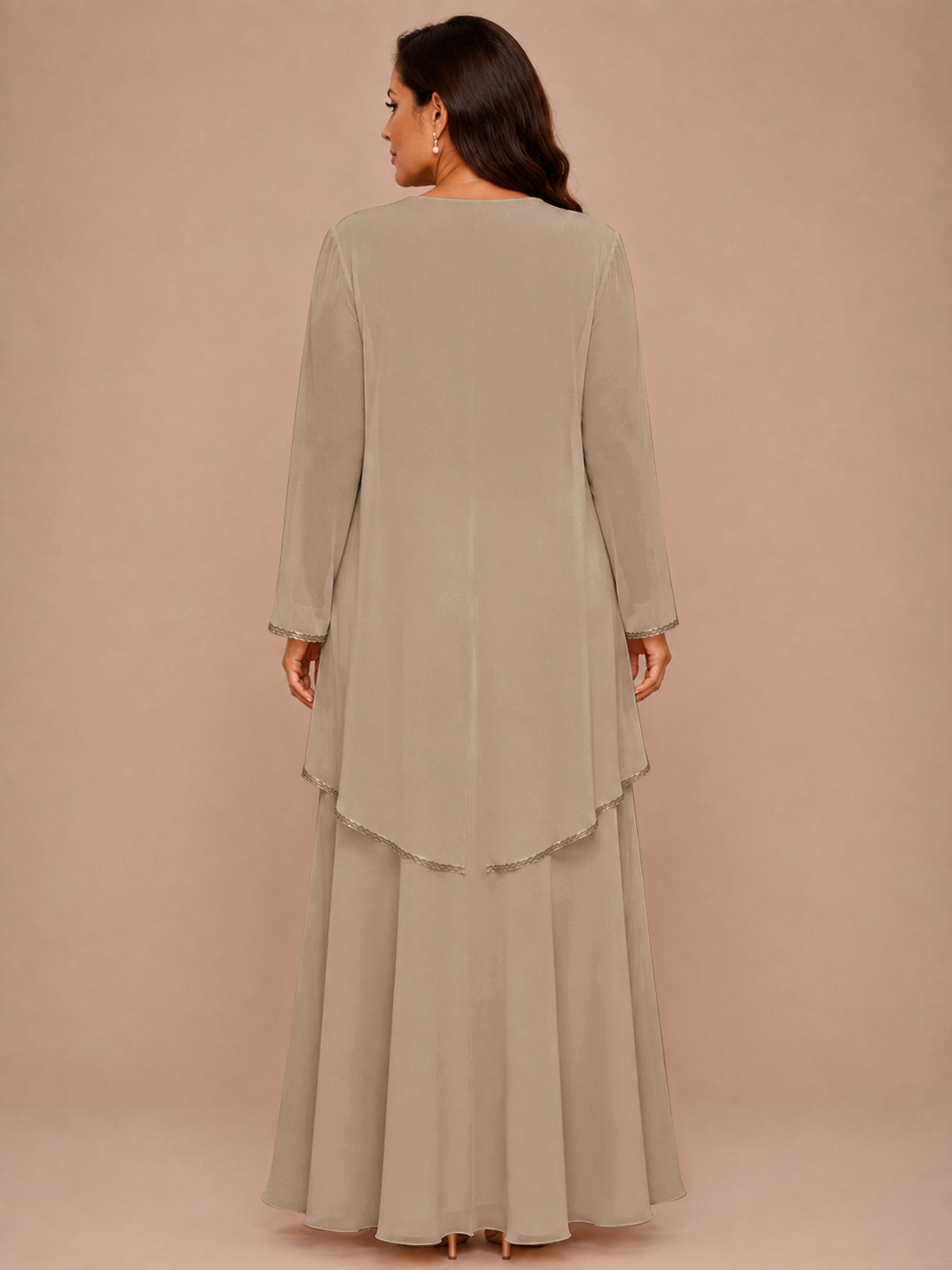 Champagne Beaded Chiffon Mother of the Bride Dress with Jacket V-Neck Gown