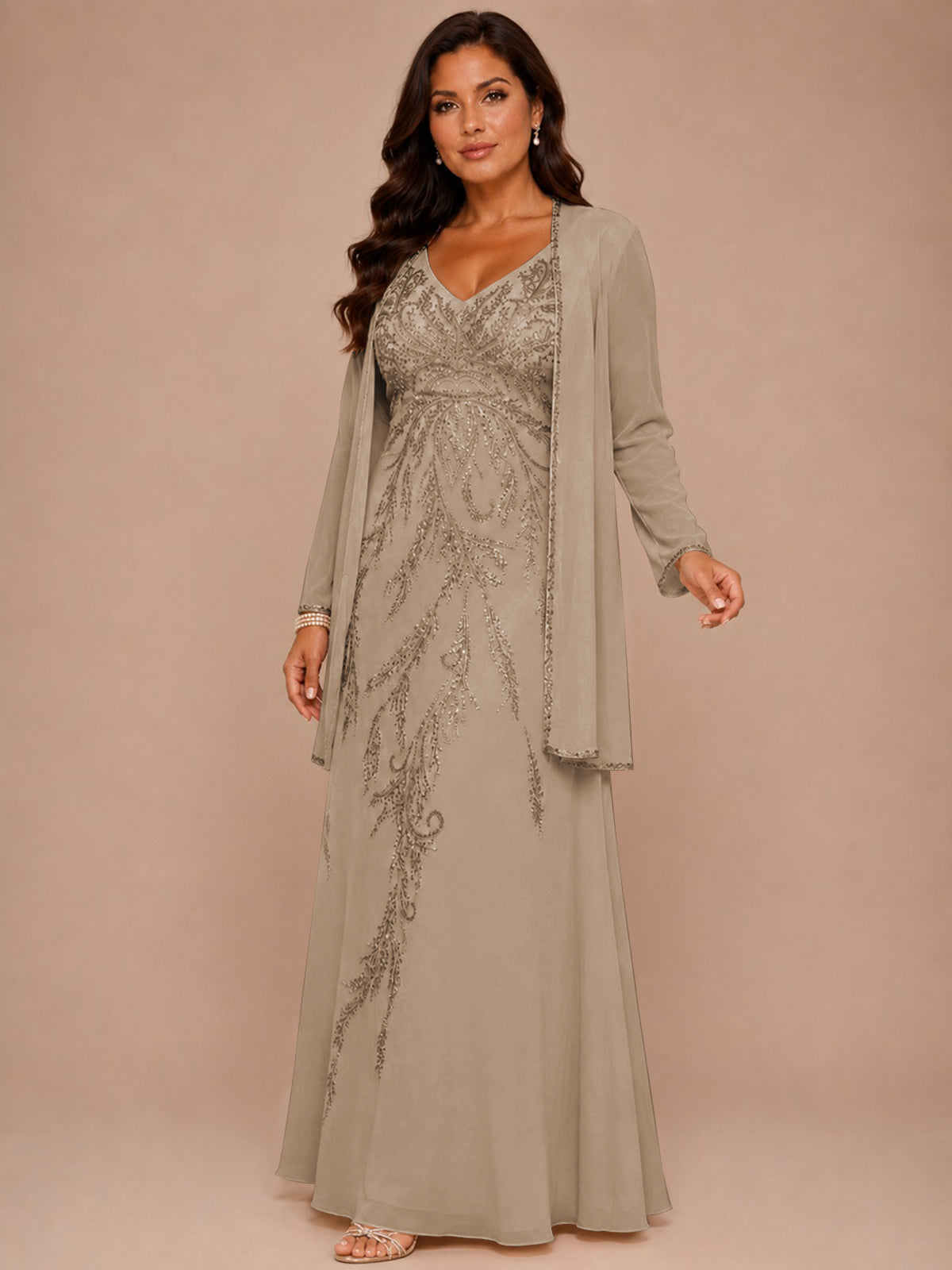 Champagne Beaded Chiffon Mother of the Bride Dress with Jacket V-Neck Gown