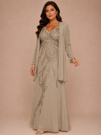 Champagne Beaded Chiffon Mother of the Bride Dress with Jacket V-Neck Gown