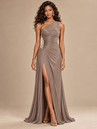 Burgundy One Shoulder Ruched Prom Dress with High Slit & Beaded Waist
