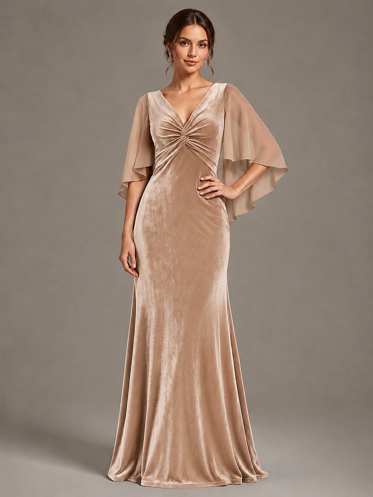 Navy Blue Velvet V Neck Mermaid Formal Dress with Flutter Cape Sleeves