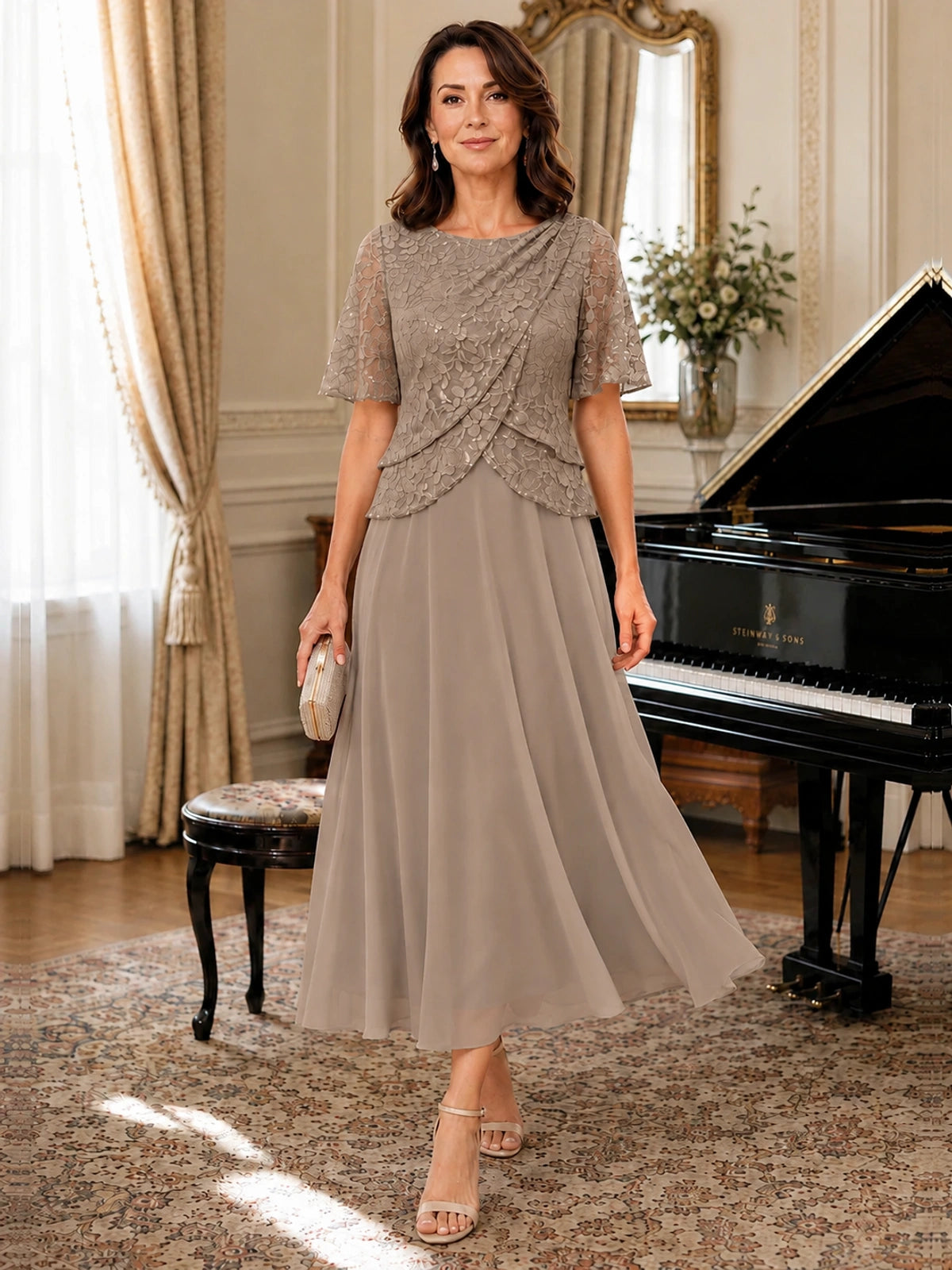 Tea-Length Chiffon Mother of the Bride Dress with Sequin Lace Sleeves