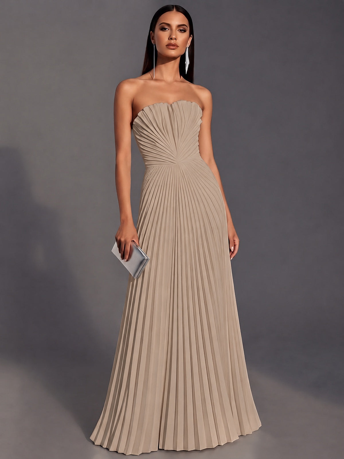 Taupe Strapless Pleated Satin Prom Dress Long Formal Gown Evening Dress