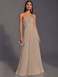 Taupe Strapless Pleated Satin Prom Dress Long Formal Gown Evening Dress