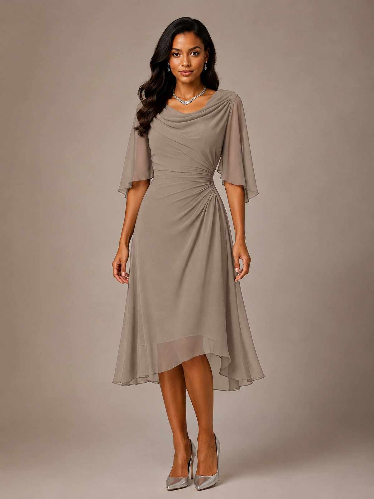 Cowl Neck Ruched Chiffon Mother of the Bride Dresses with Flutter Sleeves
