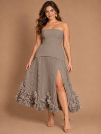 Navy Blue Strapless Pleated A-Line Midi Dress with 3D Floral Applique