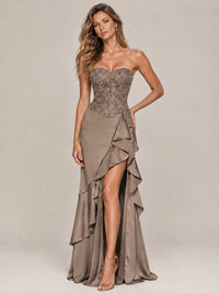 Strapless Lace Appliques Corset Satin Prom Dress Ruffle Slit Evening Gown