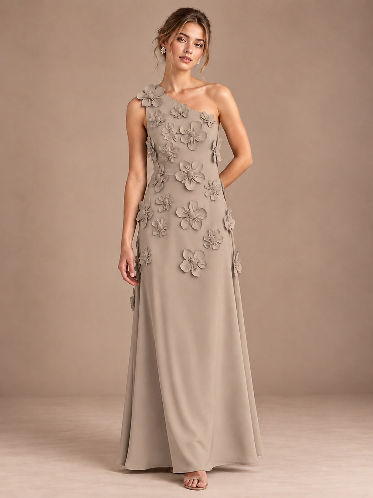 Taupe- One Shoulder Satin Formal Maxi Dress with 3D Floral
