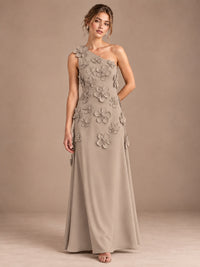 Taupe- One Shoulder Satin Formal Maxi Dress with 3D Floral