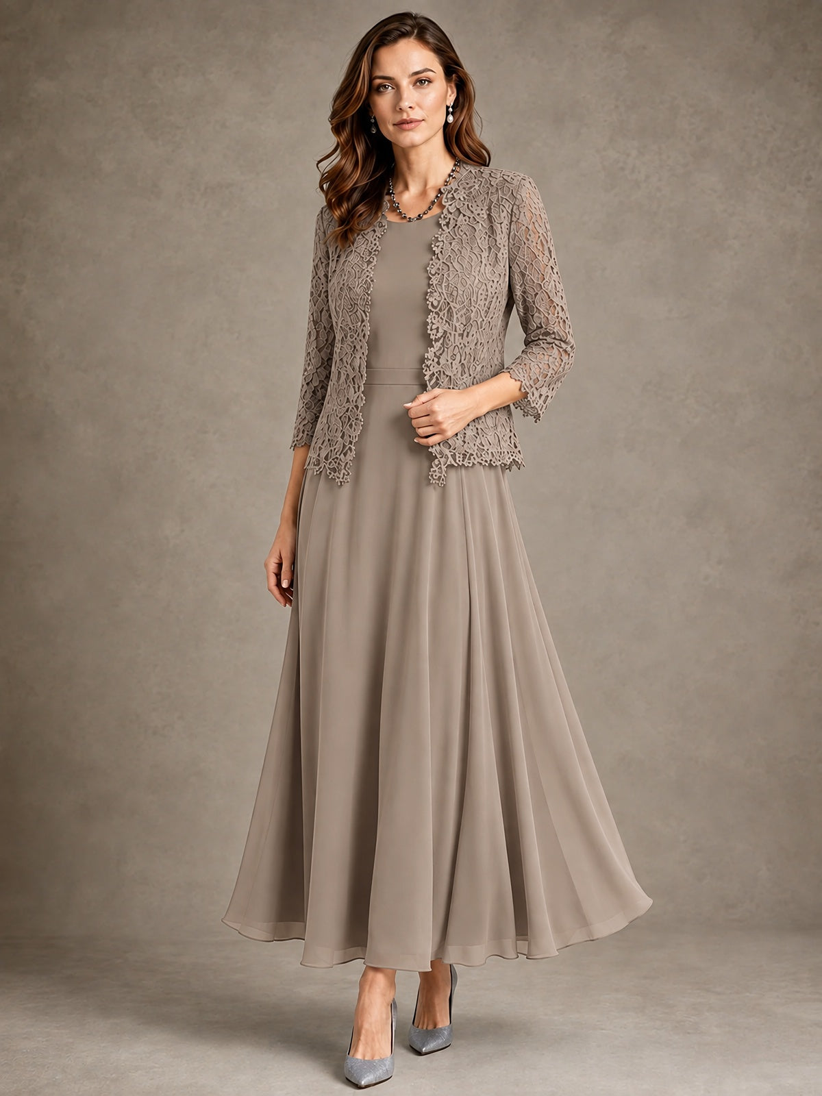 2-Piece Chiffon Mother of the Bride Dress with Lace Jacket