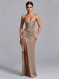 Taupe Squre Neck Pleated Satin Prom Dresses for Teens Women Long Evening Formal Gown with Slit Ruffles