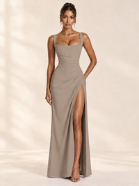 Square Neck Satin Sleeveless Ruched Prom Dress with High Slit
