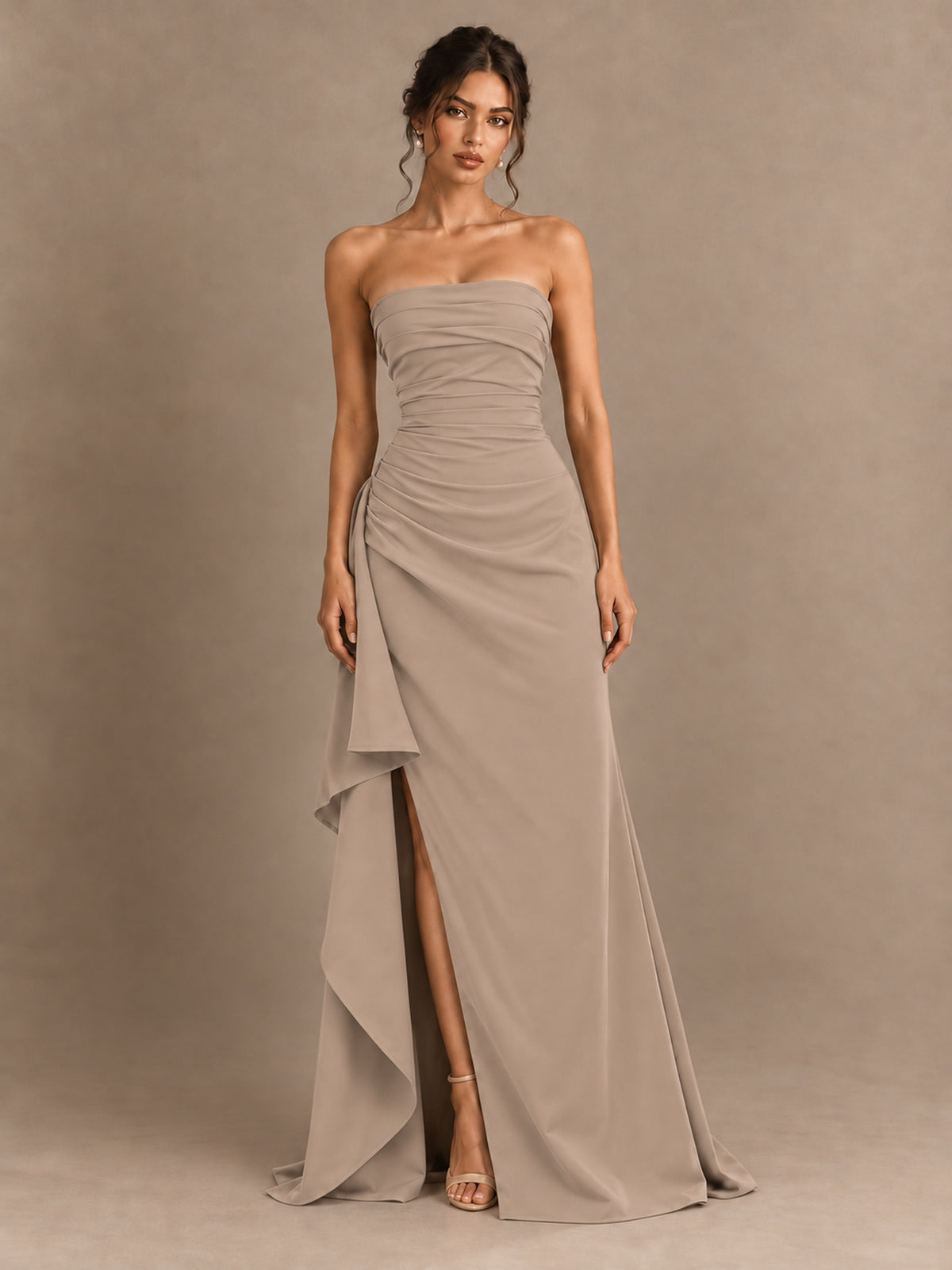 Black and White Strapless Ruched Prom Dress with High Slit & Side Drape