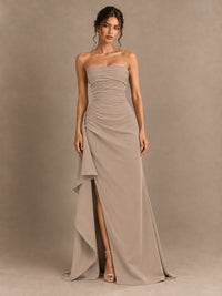 Black and White Strapless Ruched Prom Dress with High Slit & Side Drape