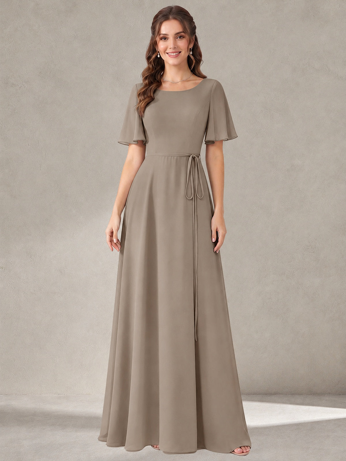 Taupe Scoop Neck A-line Chiffon Bridesmaid Dress with Belt Flutter Sleeve Formal Wedding Guest Dress Evening Gown
