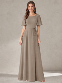Taupe Scoop Neck A-line Chiffon Bridesmaid Dress with Belt Flutter Sleeve Formal Wedding Guest Dress Evening Gown