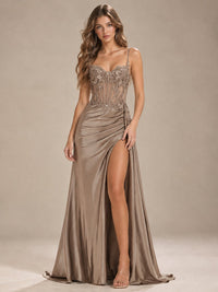 Mermaid Satin Prom Dress with Floral Appliqué Corset and High Slit