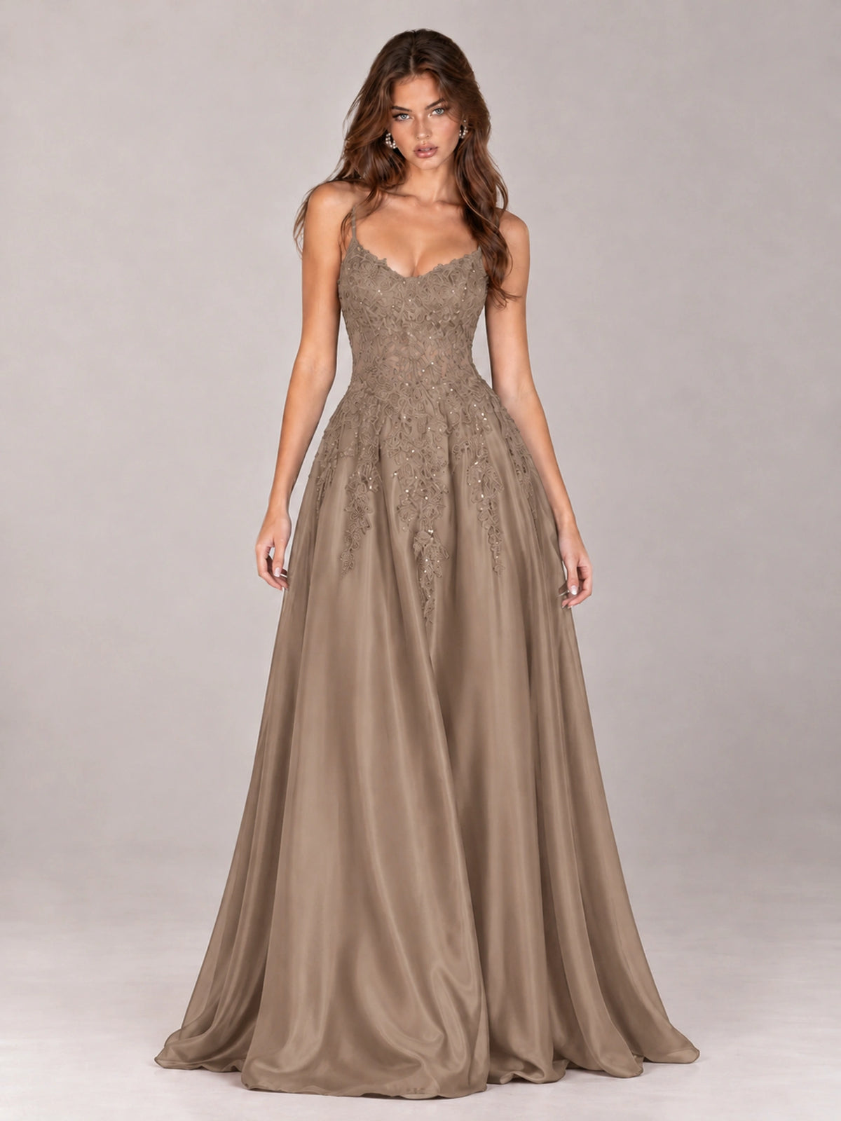 Lace Applique Satin A-Line Prom Dress with Sheer Bodice
