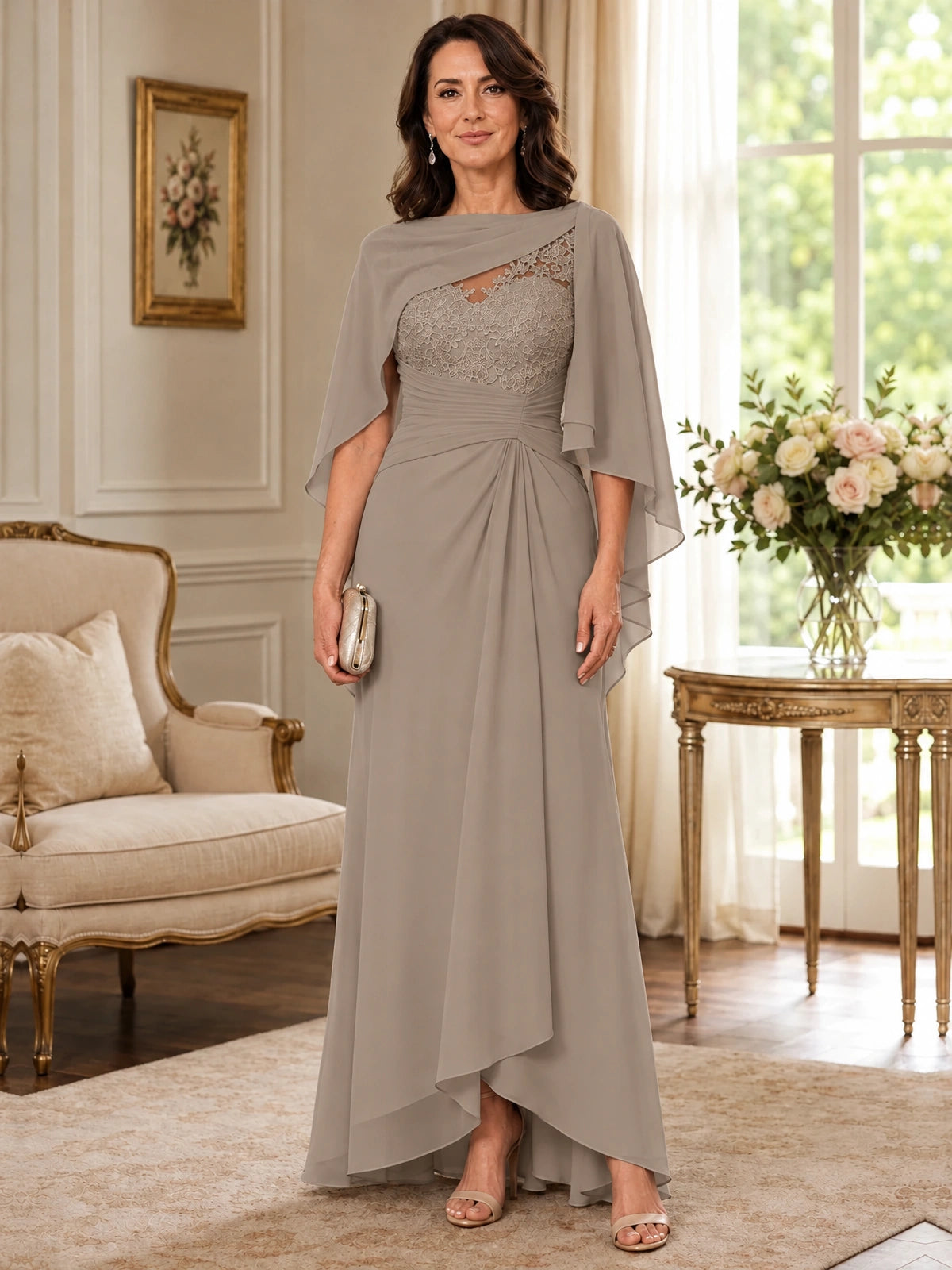 Elegant Chiffon Mother of the Bride Dress with Lace Applique and Cape Sleeves