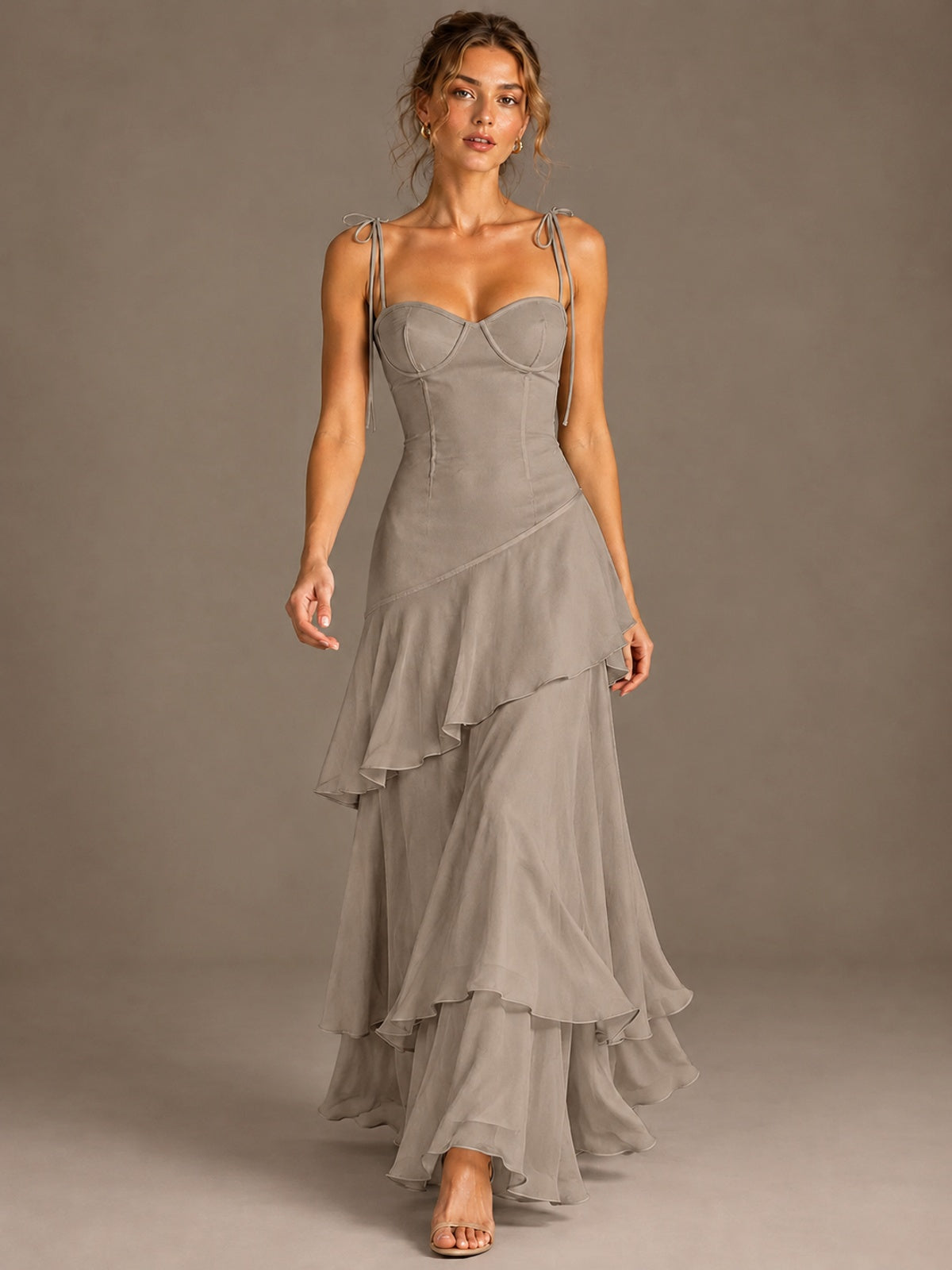 Spaghetti Strap Tiered Ruffles Chiffon Prom Dress