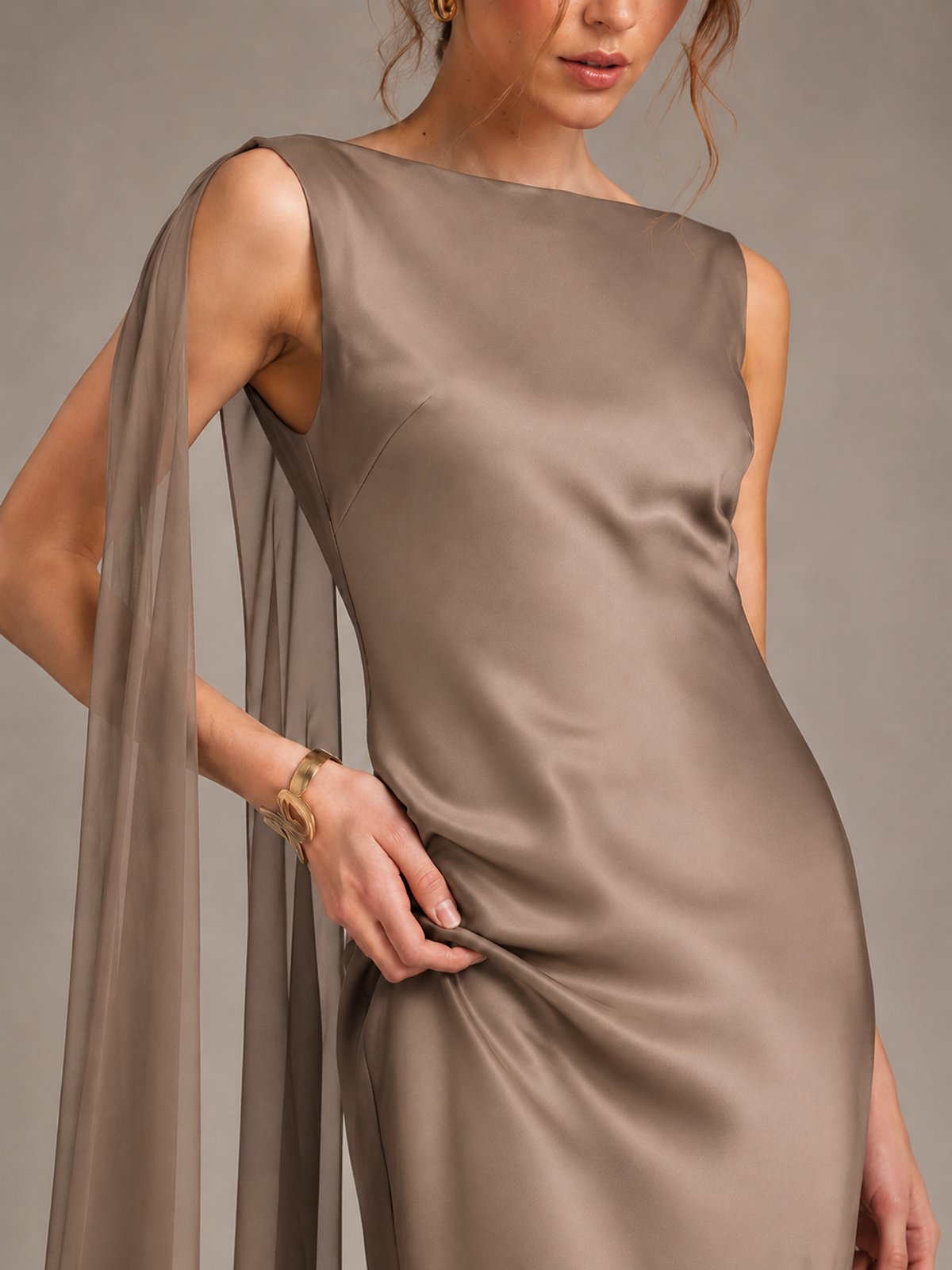 Burgundy Satin Mermaid Cape Maxi Dress
