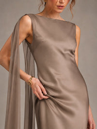 Burgundy Satin Mermaid Cape Maxi Dress