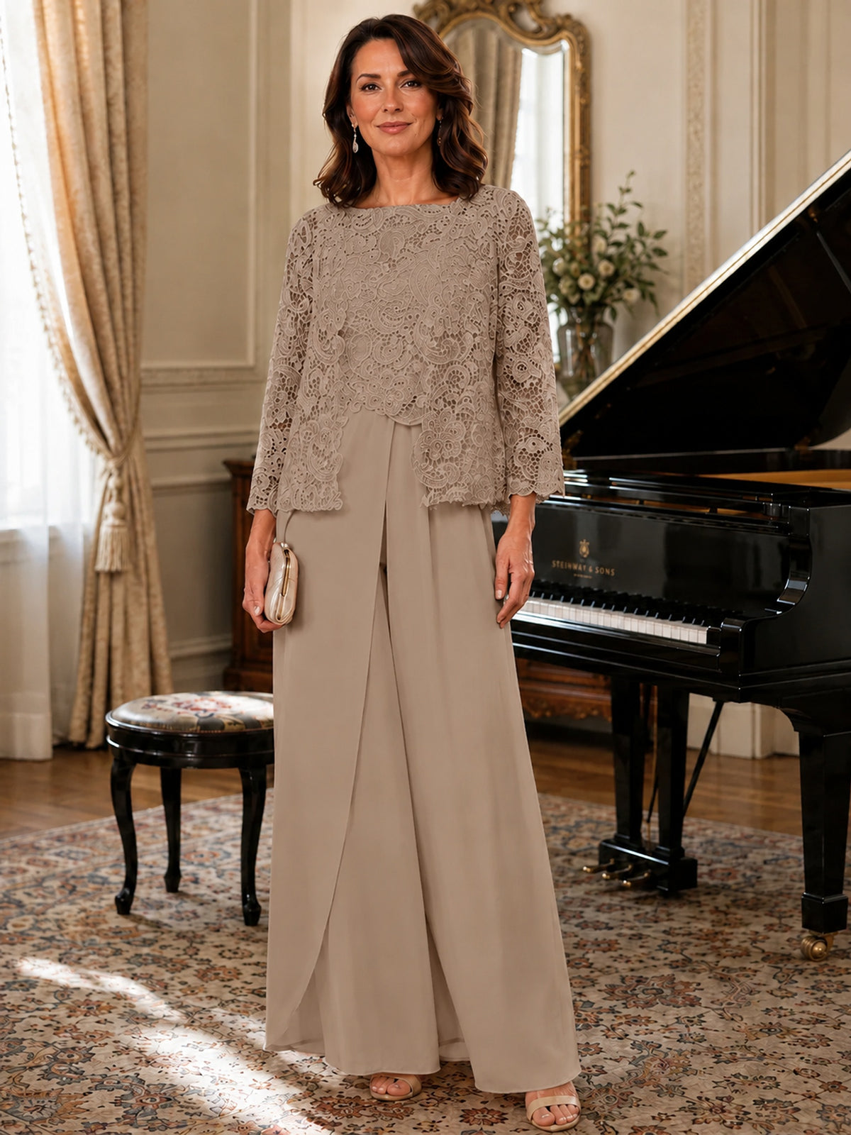 Elegant 3-Piece Chiffon Mother of the Bride Pantsuit with Floral Applique Jacket