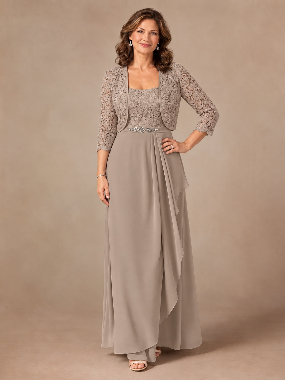 Blush Pink A-Line Mother of the Bride Dress with Lace Jacket and Ruffles