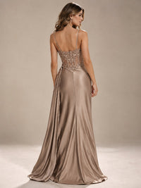 Mermaid Satin Prom Dress with Floral Appliqué Corset and High Slit
