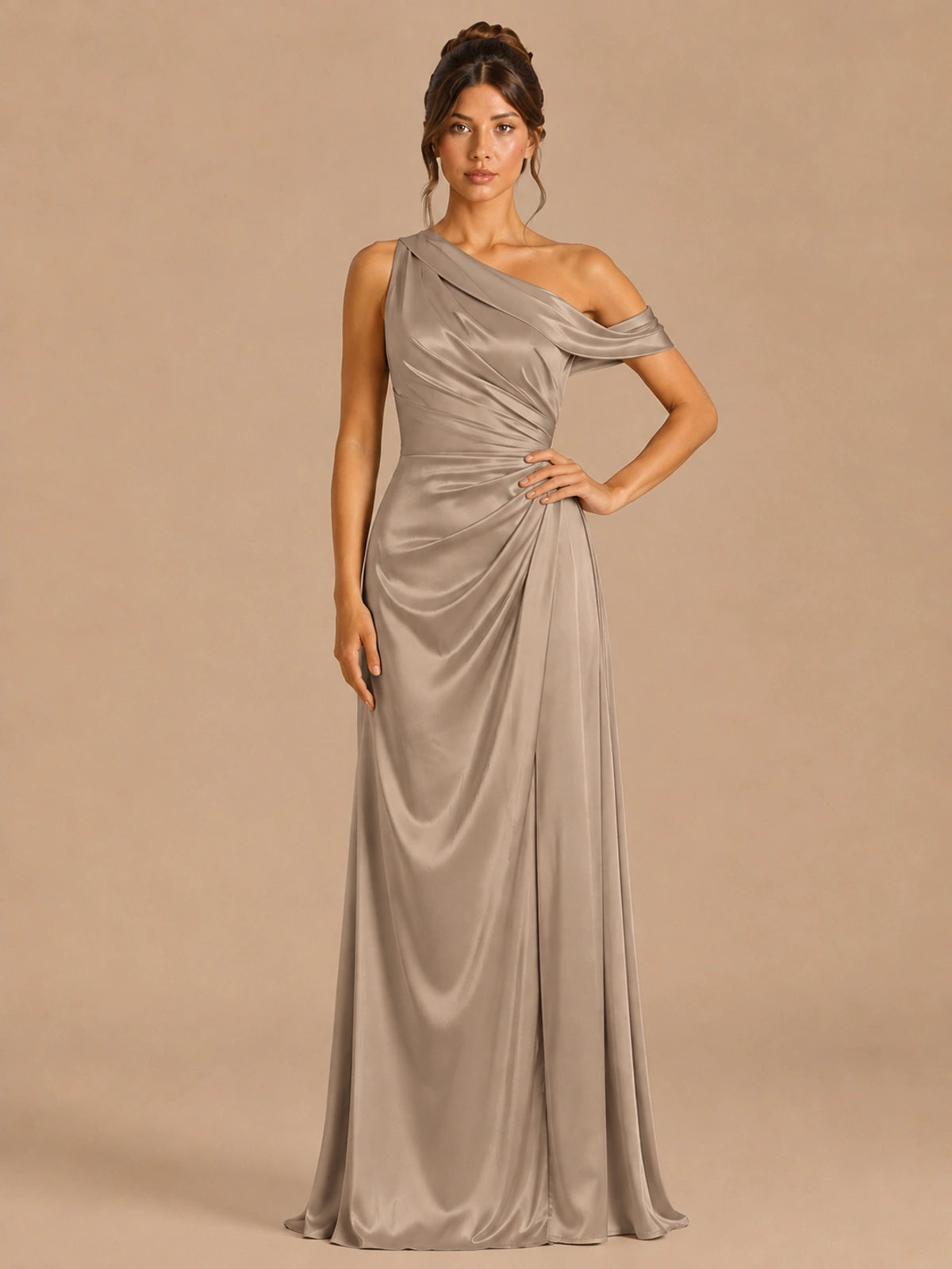 Taupe-satin one shoulder prom dress ruched long formal gow Jovelle