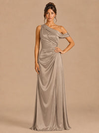 Taupe-satin one shoulder prom dress ruched long formal gow Jovelle