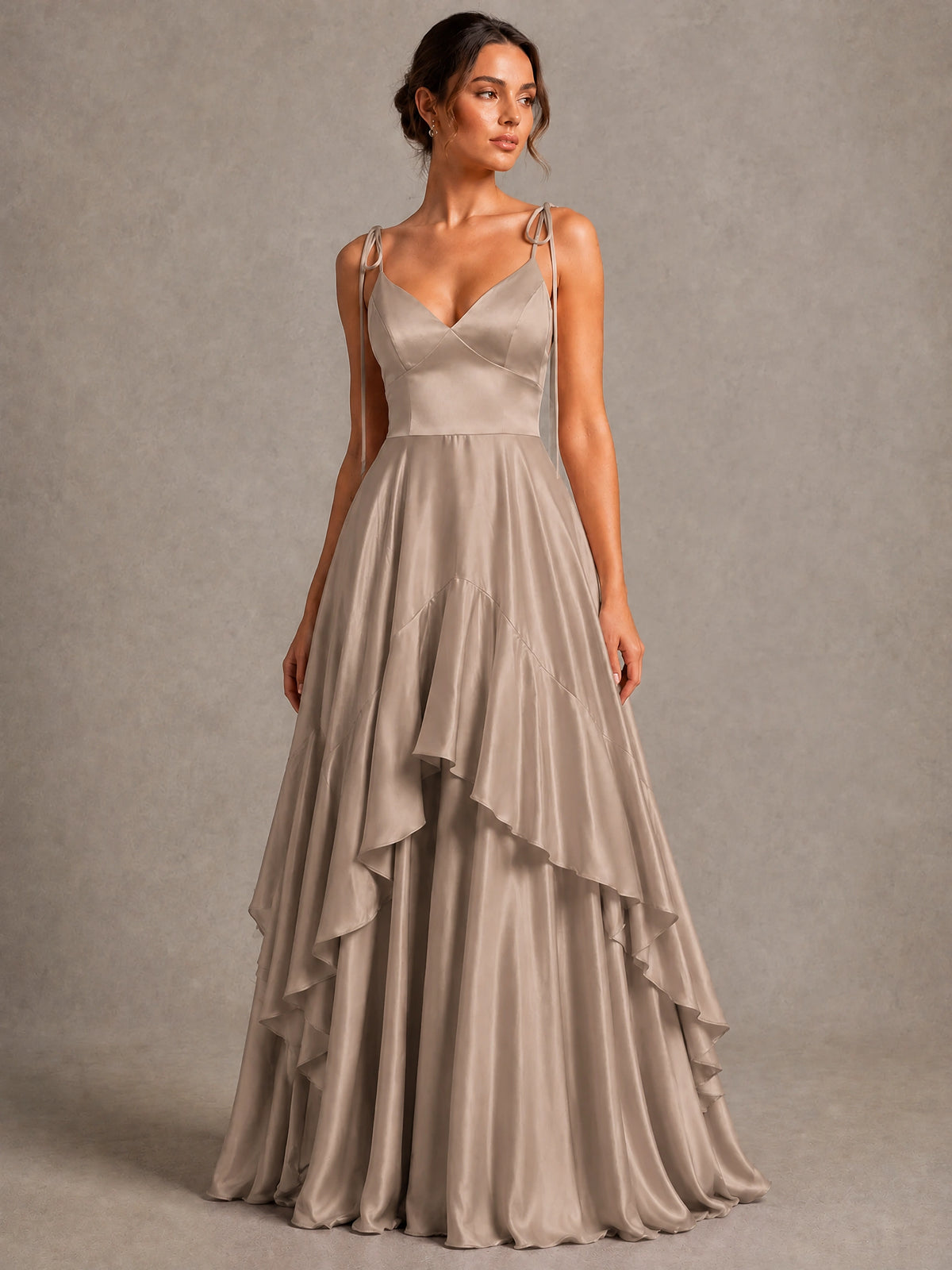 Lavender Satin V-Neck Ruffle Maxi Dress