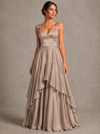 Lavender Satin V-Neck Ruffle Maxi Dress