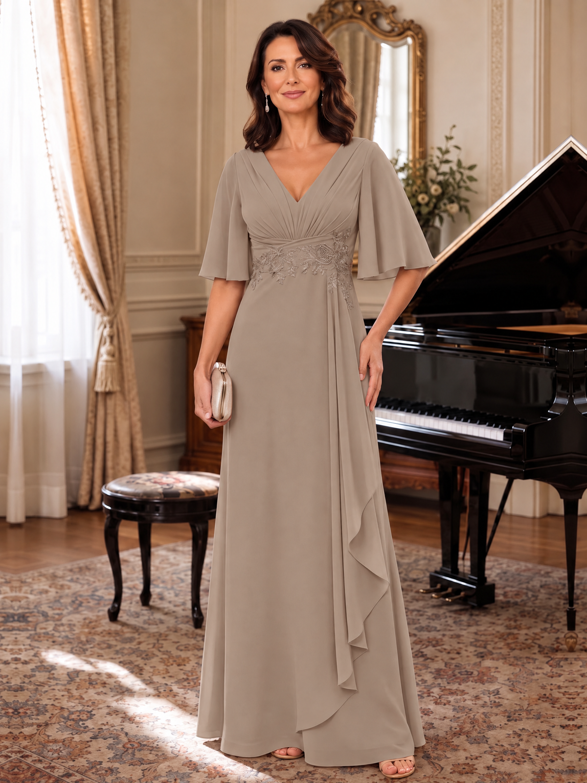 Taupe V-Neck Chiffon Lace Mother of the Bride Dresses with Flutter Sleeve A-line Long Ruffled Evening Formal Wedding Guest Gown