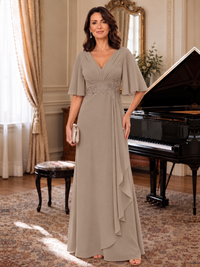 Taupe V-Neck Chiffon Lace Mother of the Bride Dresses with Flutter Sleeve A-line Long Ruffled Evening Formal Wedding Guest Gown